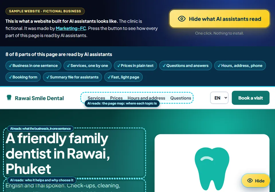 Sito di esempio per una clinica dentale fittizia, realizzato da Marketing-FC